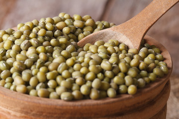 Raw beans mung in a wooden dish macro