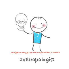 anthropologist holds skull. Fun cartoon style illustration