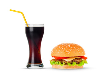 Cola and Big hamburger on white background