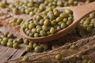 Raw green mung bean in wooden spoon closeup on the table
