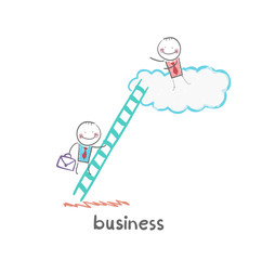 businessman climbing the stairs to the cloud to the boss