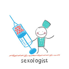 Sexologist with a syringe filled with hearts
