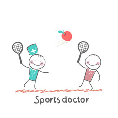 Sports doctor plays with a man in badminton apple