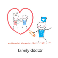 family doctor draws a heart around the family