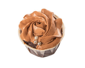 Moist chocolate cupcake over white background