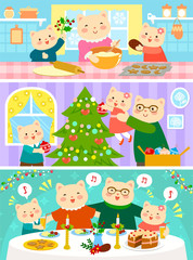 cartoon family of cats on Christmas