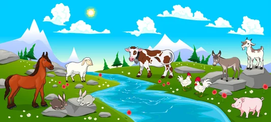 Foto op Canvas Mountain landscape with river and animals © ddraw