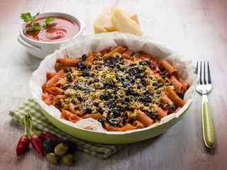oven pasta with olives tomato and cheese