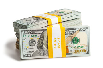 Bundles of 100 US dollars 2013 edition banknotes (bills) isolate