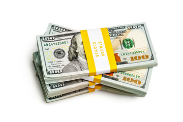 Bundles of 100 US dollars 2013 edition banknotes (bills) isolate
