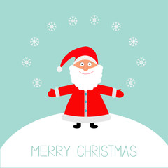 Santa Claus snowflakes snowhill. Merry Christmas card Flat 