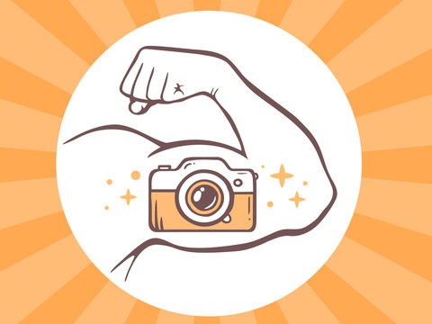 Vector illustration of strong man hand with photo camera icon on