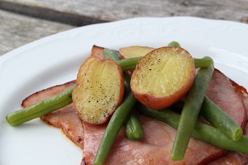 Plate of ham, green beans and creamer potato