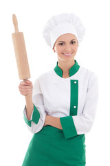 woman in chef uniform with wooden baking rolling pin isolated on