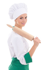 young woman in chef uniform with wooden baking rolling pin isola
