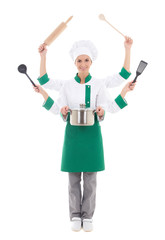 concept picture of attractive woman in chef uniform with six han
