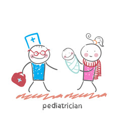 pediatrician stands next to her mother and sick child