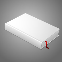 Realistic white blank hardcover book with red bookmark. Isolated