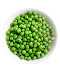 Green peas in the bowl isolated on white background