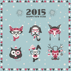 Happy New Year 2015. Set of hipster fashion animals.