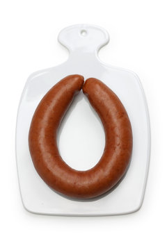 rookworst, dutch smoked sausage, horseshoe shape