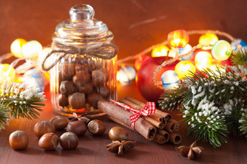 Obraz na płótnie Canvas winter decoration spices cinnamon christmas tree nuts