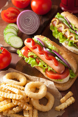 hotdog with ketchup mustard vegetables and french fries