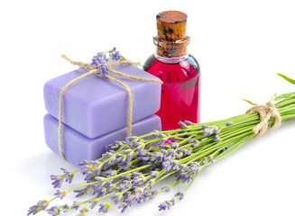 Aroma oil and handmade soap with lavender flowers