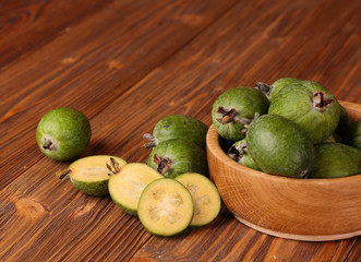 Fruits of feijoa in a wooden bowl