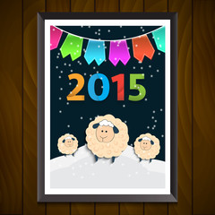 New Year Poster with Cartoon Sheeps. Symbol of 2015 year. 