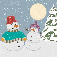 Vintage christmas poster with snowmen