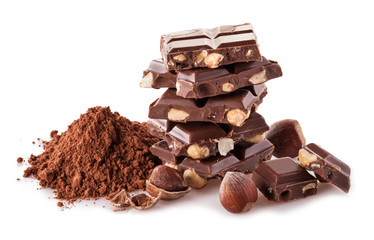 Pile of hazelnut cbocolate on white background