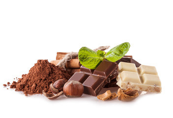 Pile of hazelnut chocolate on white background