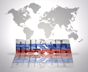 Word Russia  on a world map background