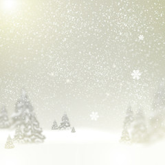 Beautiful Christmas background with blurred Christmas trees. Whi