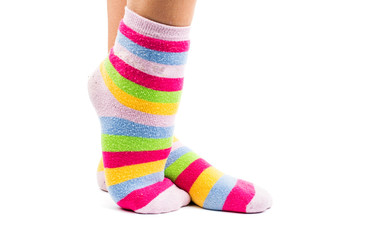 striped socks on the feet