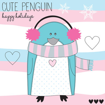 cute penguin with ear muffs vector illustration