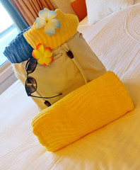 Beach accessories on a cruise ship bed