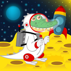 crocodile astronaut on moon - vector illustration, eps