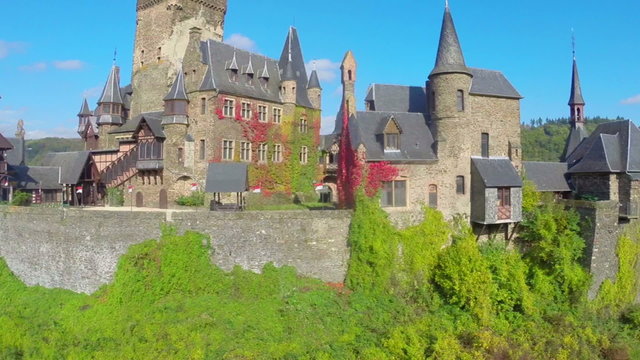 Castle walls aerial shot, old towers, century old medieval fort
