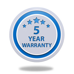 Five year warranty circular icon on white background