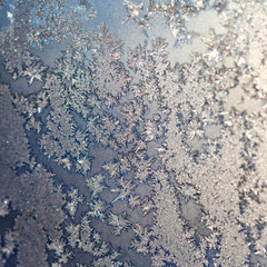 Snowflakes and ice on frozen window