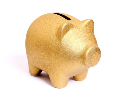 Golden piggy bank from front side right