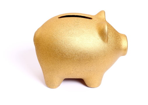Golden piggy bank from right side