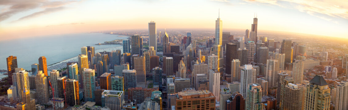Aerial Chicago panorama at sunset, IL, USA