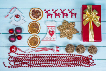 Table top view over  Christmas  items on wooden background
