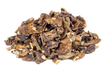 Heap of dried mushrooms on white background