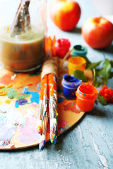 Beautiful still life with professional art materials, close up