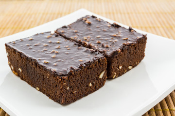 Brownie cake on white background .