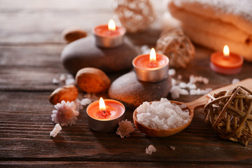 Composition of spa treatment on wooden background